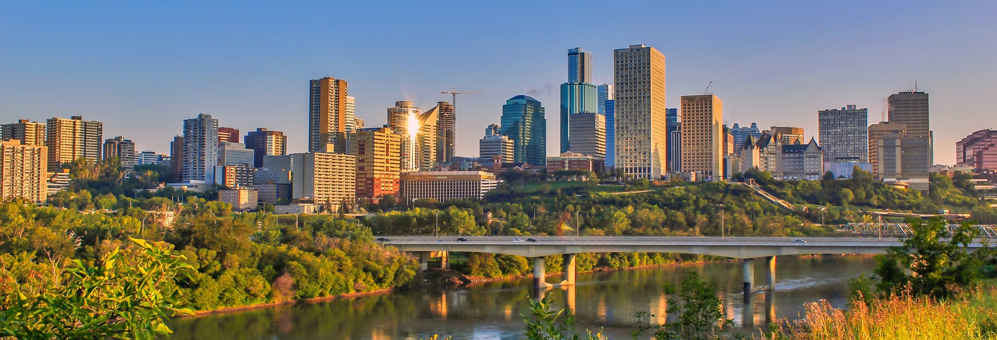 A beautiful view of downtown Edmonton during a sunshine morning in the summertime.