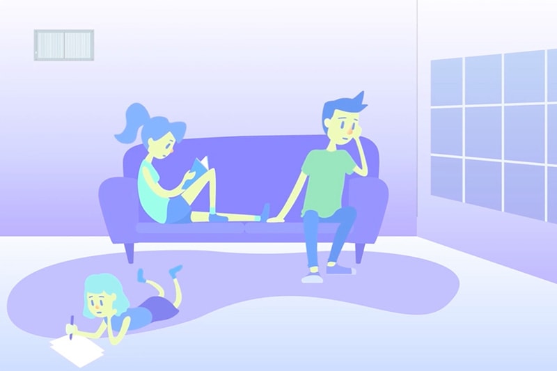 Video - Keep Clean Air During Your Time at Home. Colorful cartoon of two people sitting on a couch with child writing on the floor.